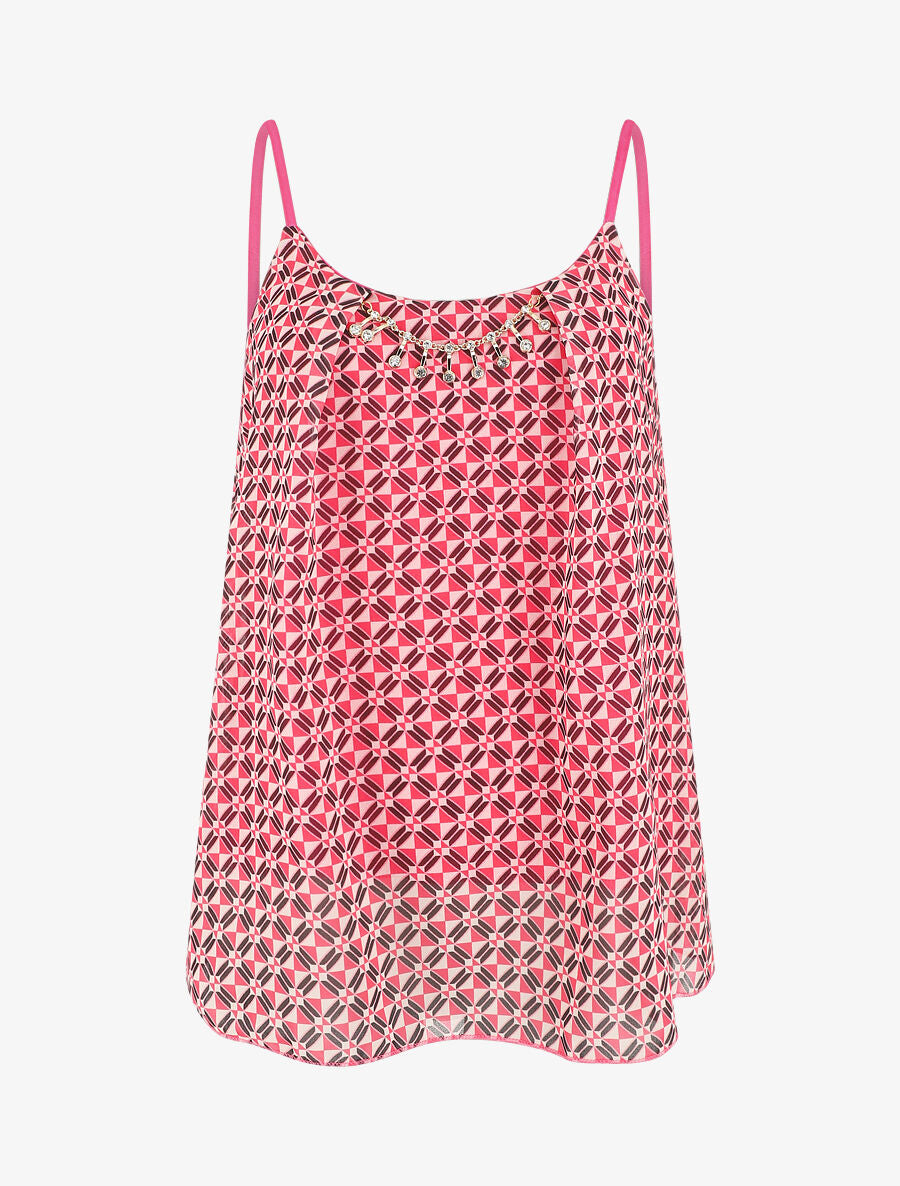 Top mosaïque en voile à bretelles et bijou - Fushia - 1