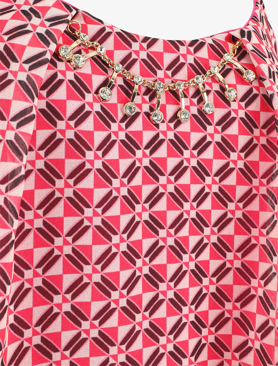 Top mosaïque en voile à bretelles et bijou - Fushia - 3