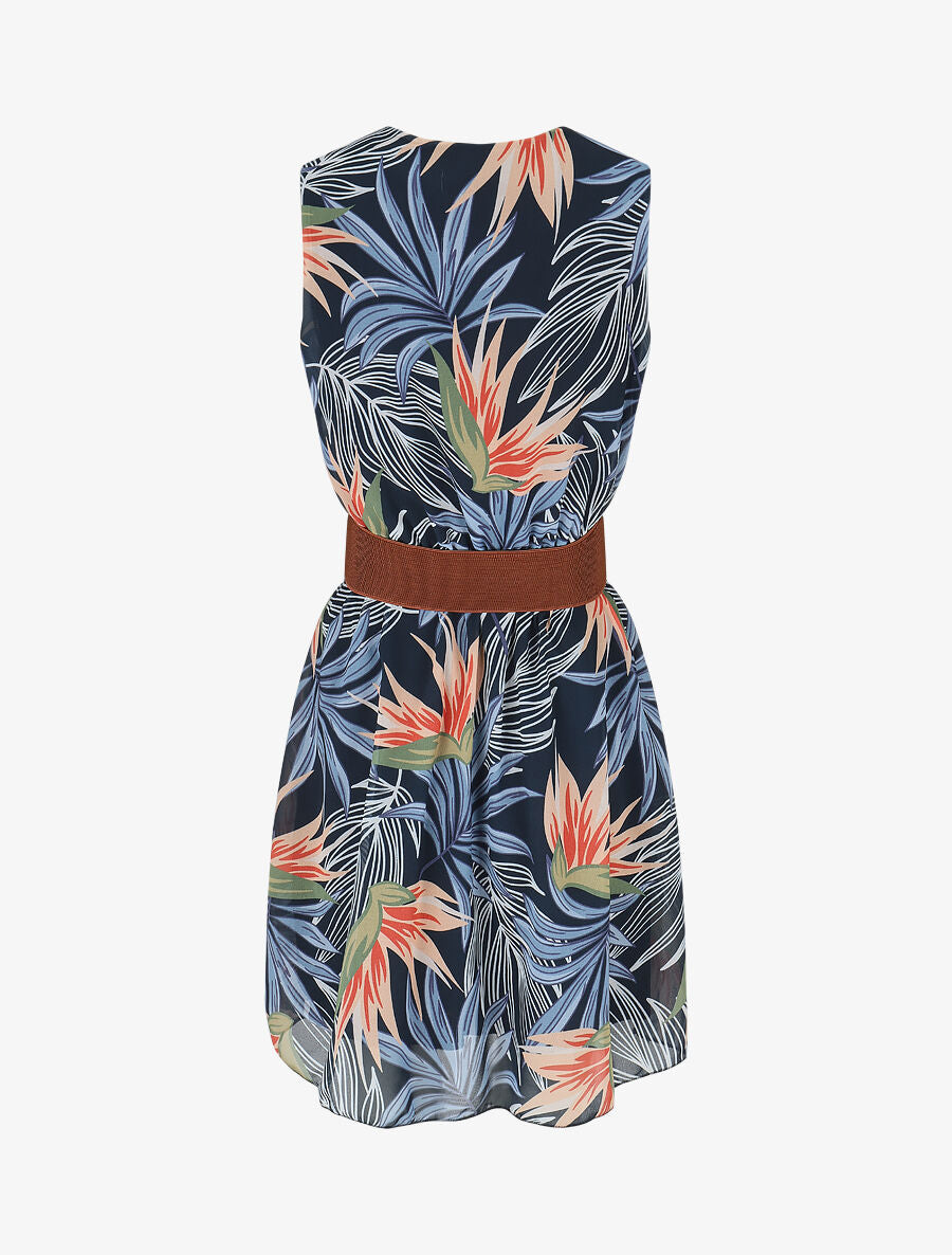 Robe évasée sans manches imprimé tropical - Bleu - 2