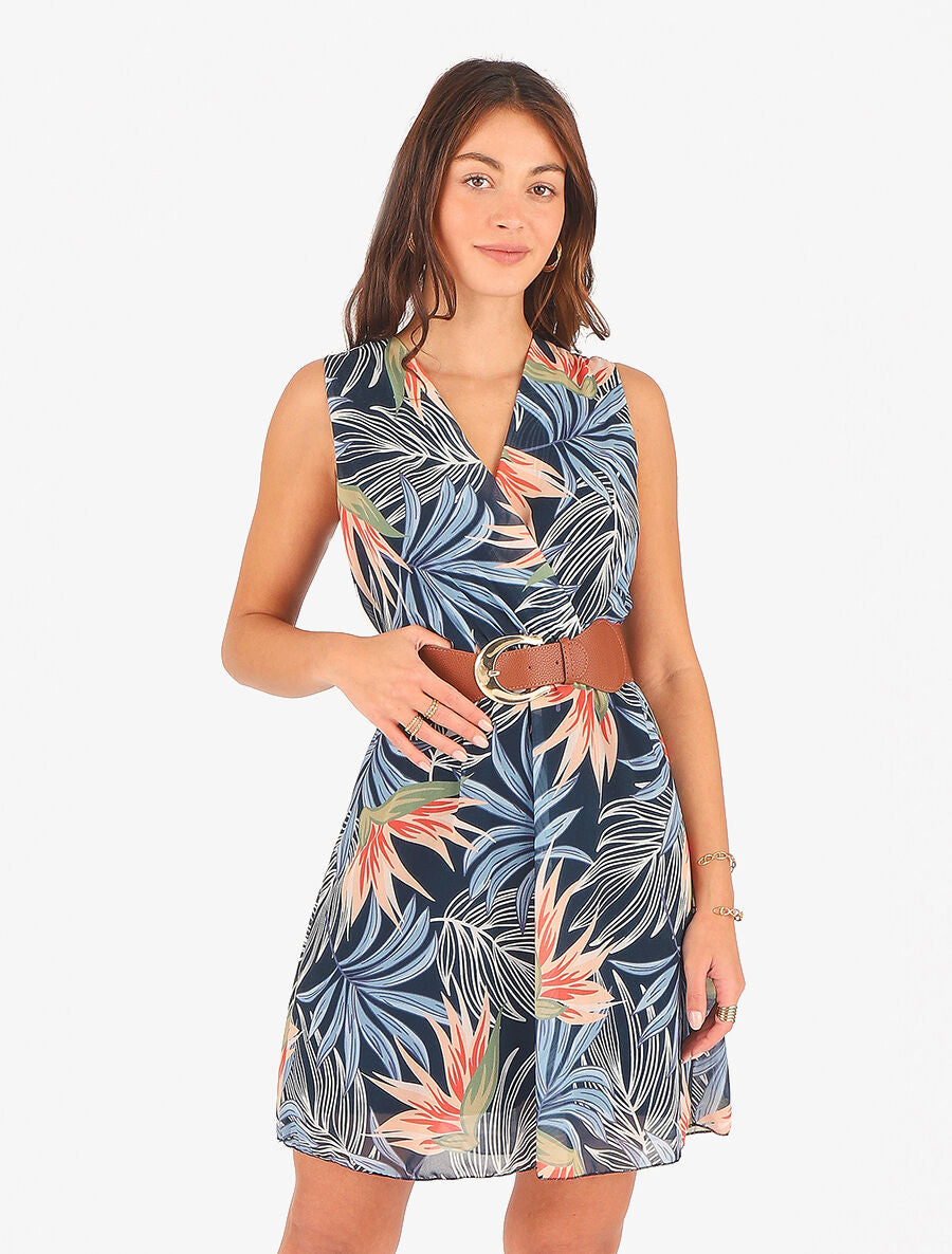 Robe évasée sans manches imprimé tropical - Bleu - 3