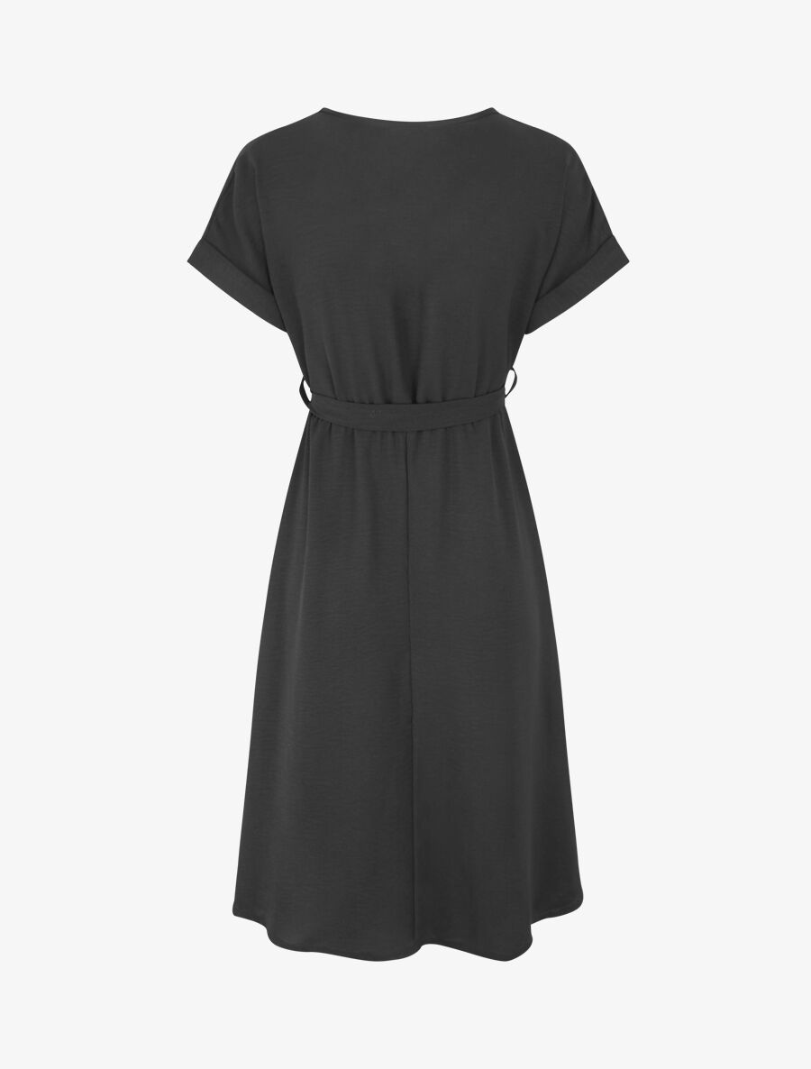 Robe longue unie élastiquée à manches courtes - Noir - 2