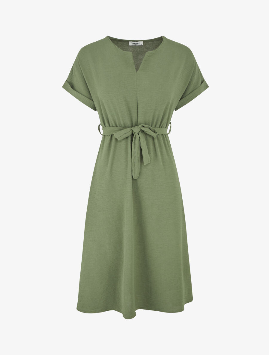 Robe longue unie élastiquée à manches courtes - Kaki - 1