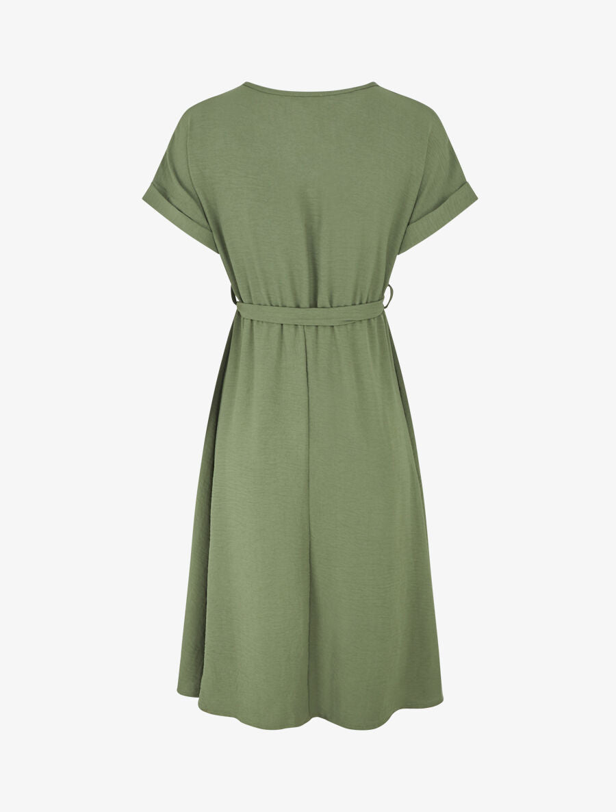 Robe longue unie élastiquée à manches courtes - Kaki - 2