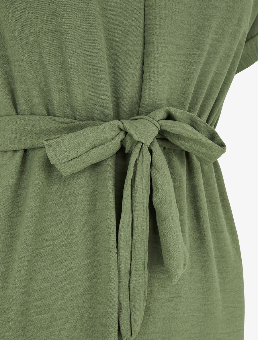 Robe longue unie élastiquée à manches courtes - Kaki - 3