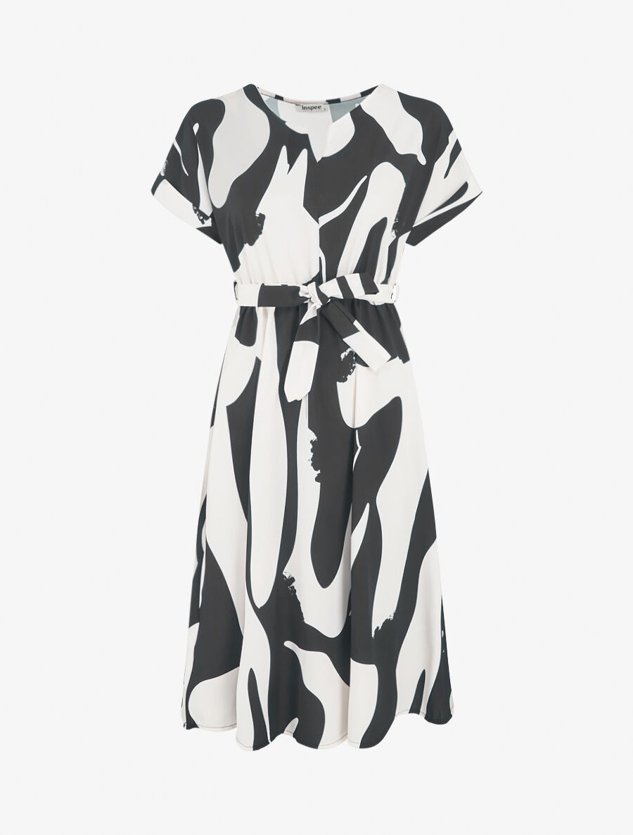 Robe élastiquée imprimé abstrait - Noir - 1