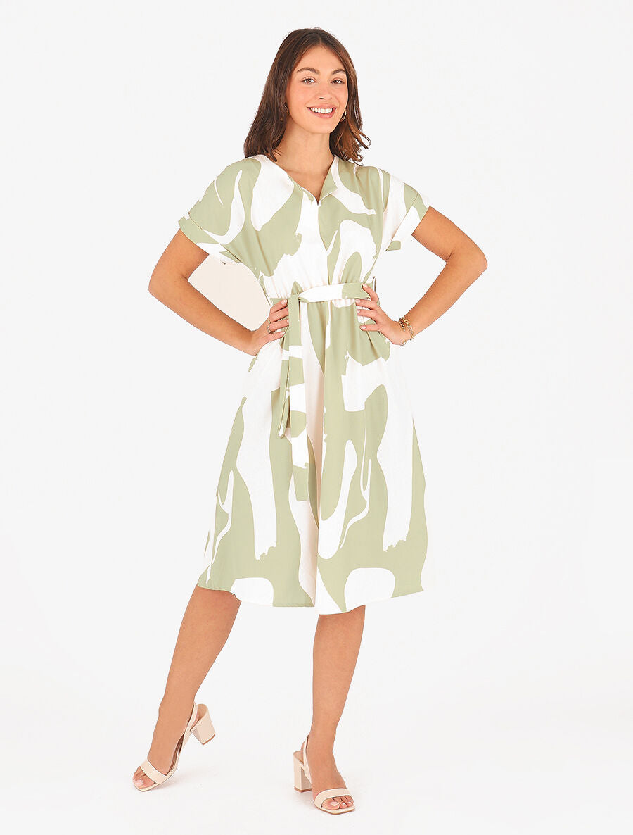 Robe élastiquée imprimé abstrait - Vert anis - 4