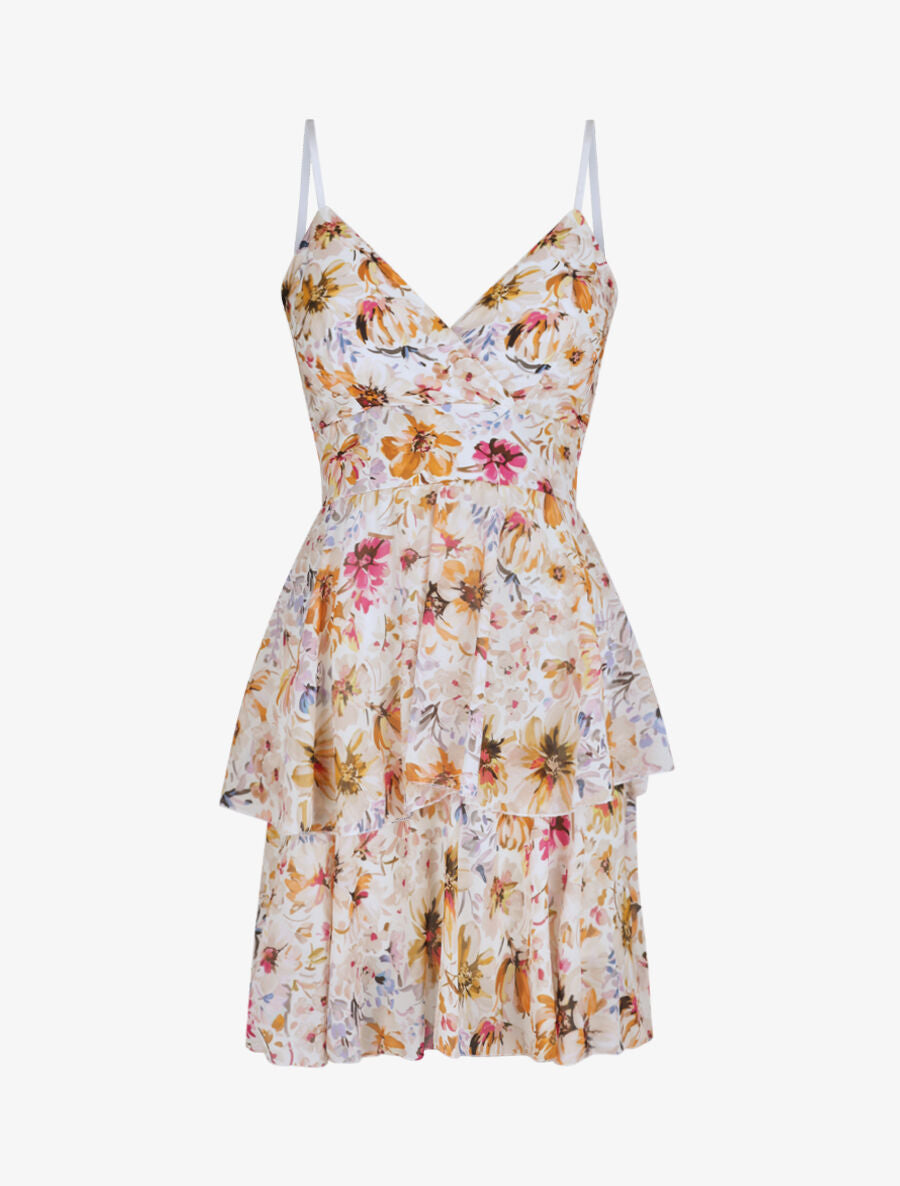 Robe patineuse courte à volants imprimé fleuri - Beige - 1