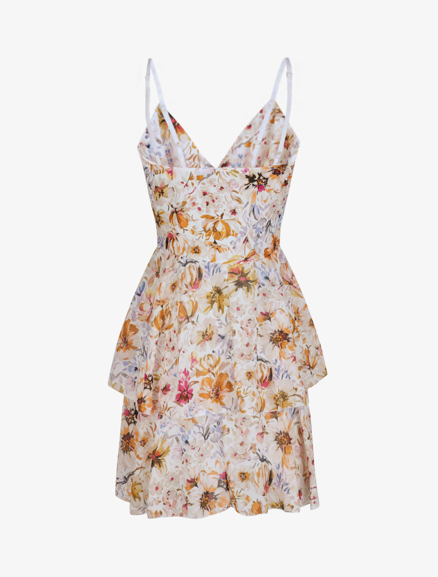 Robe patineuse courte à volants imprimé fleuri - Beige - 2