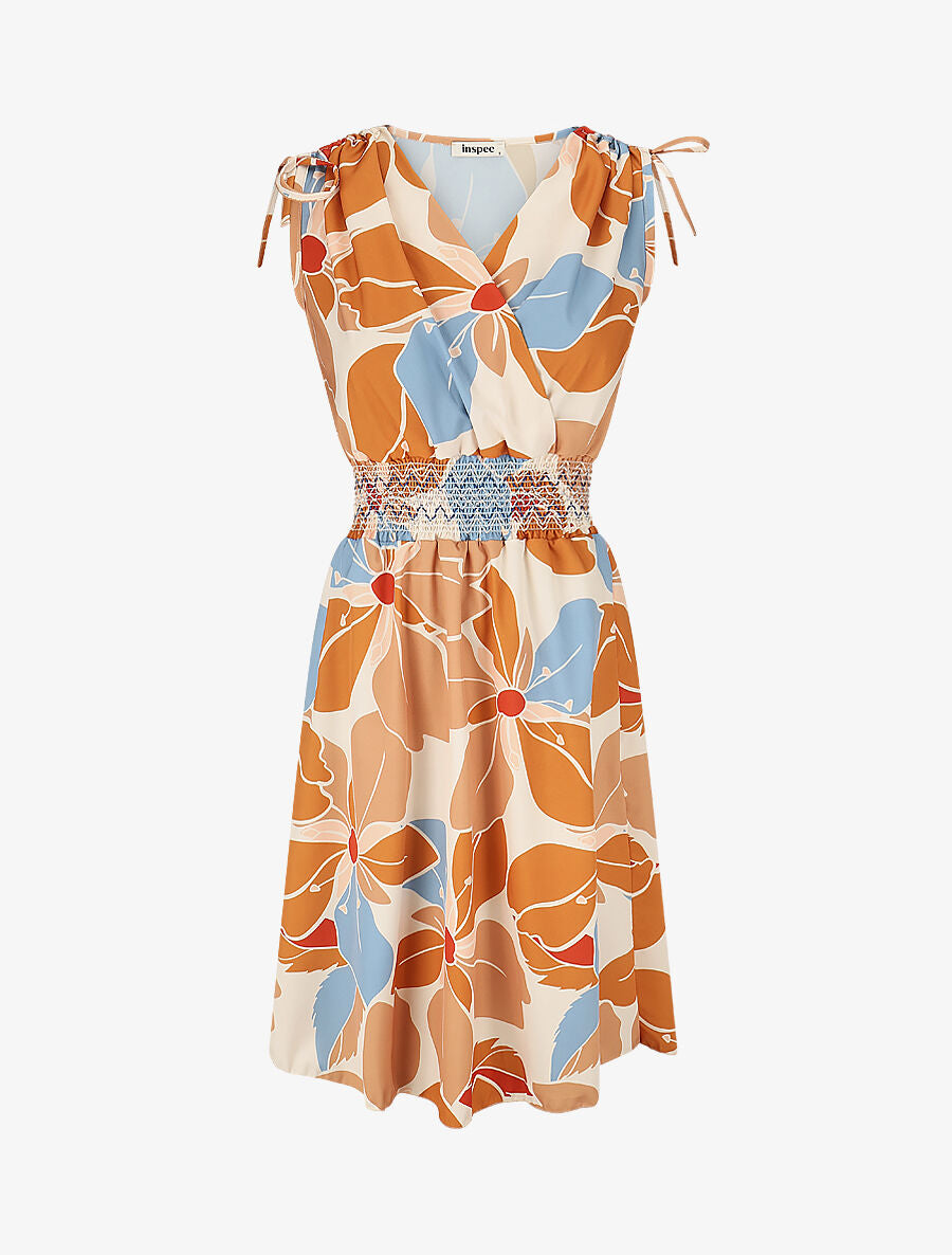 Robe à taille élastiquée imprimé fleurs - Camel - 1