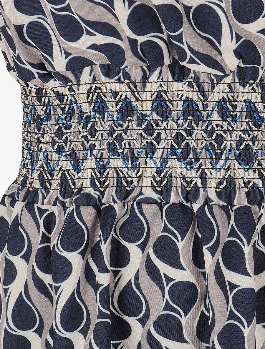 Robe à taille élastiquée imprimé rétro - Marine - 3