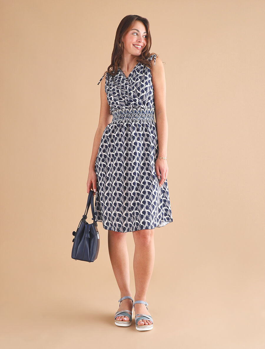 Robe à taille élastiquée imprimé rétro - Marine - 4