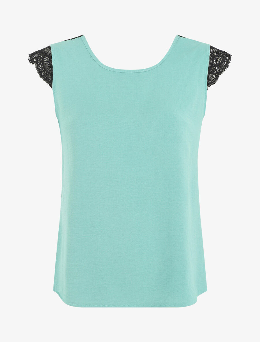 Top uni à détail dentelle - Vert d&