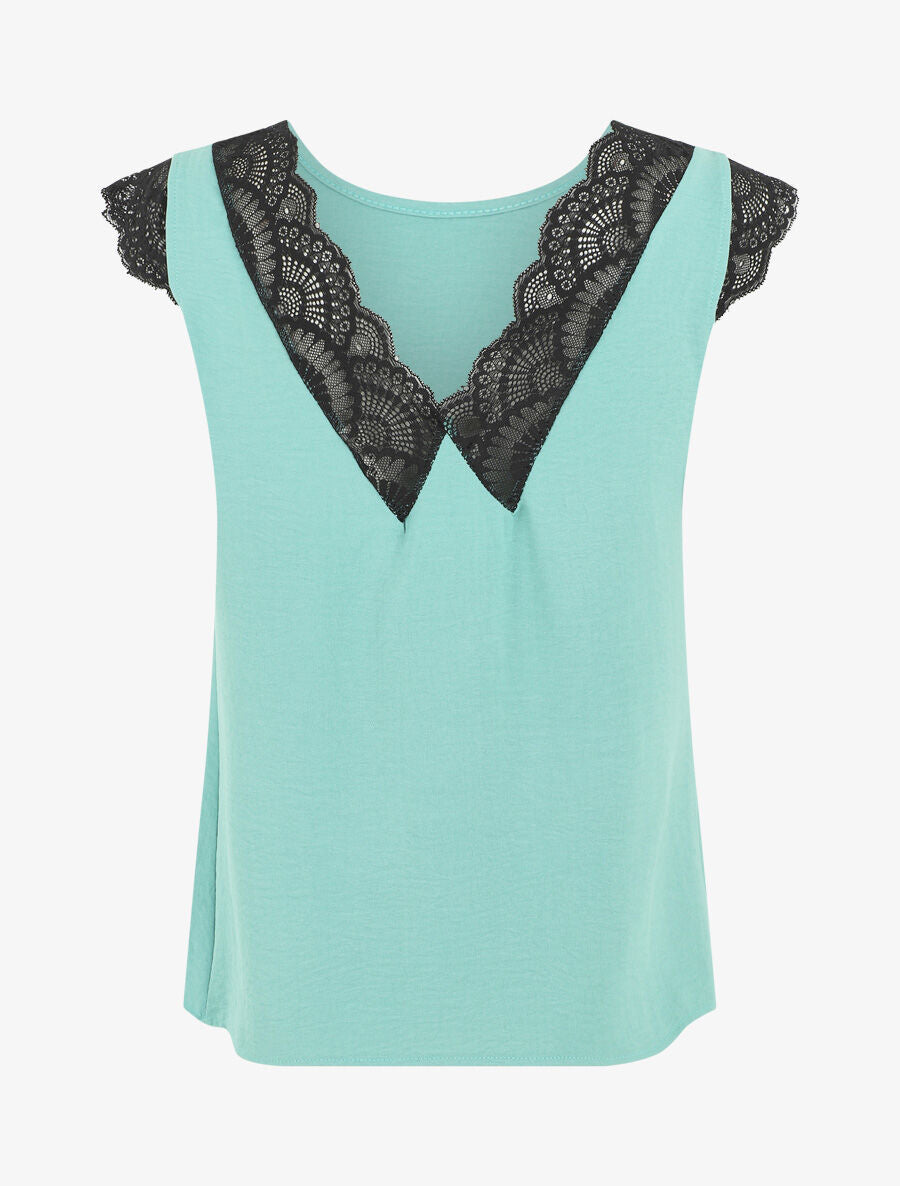 Top uni à détail dentelle - Vert d&