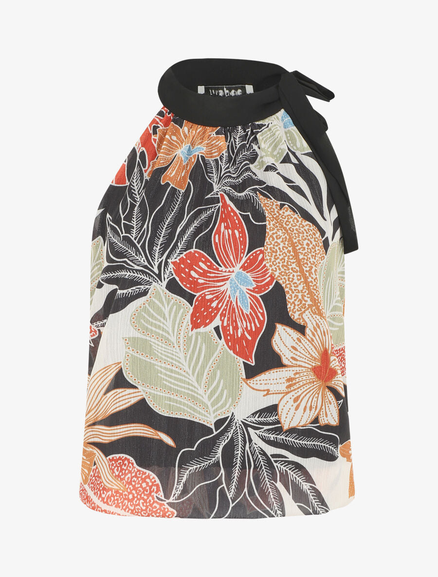 Top fleuri en voile sans manches - Noir - 1