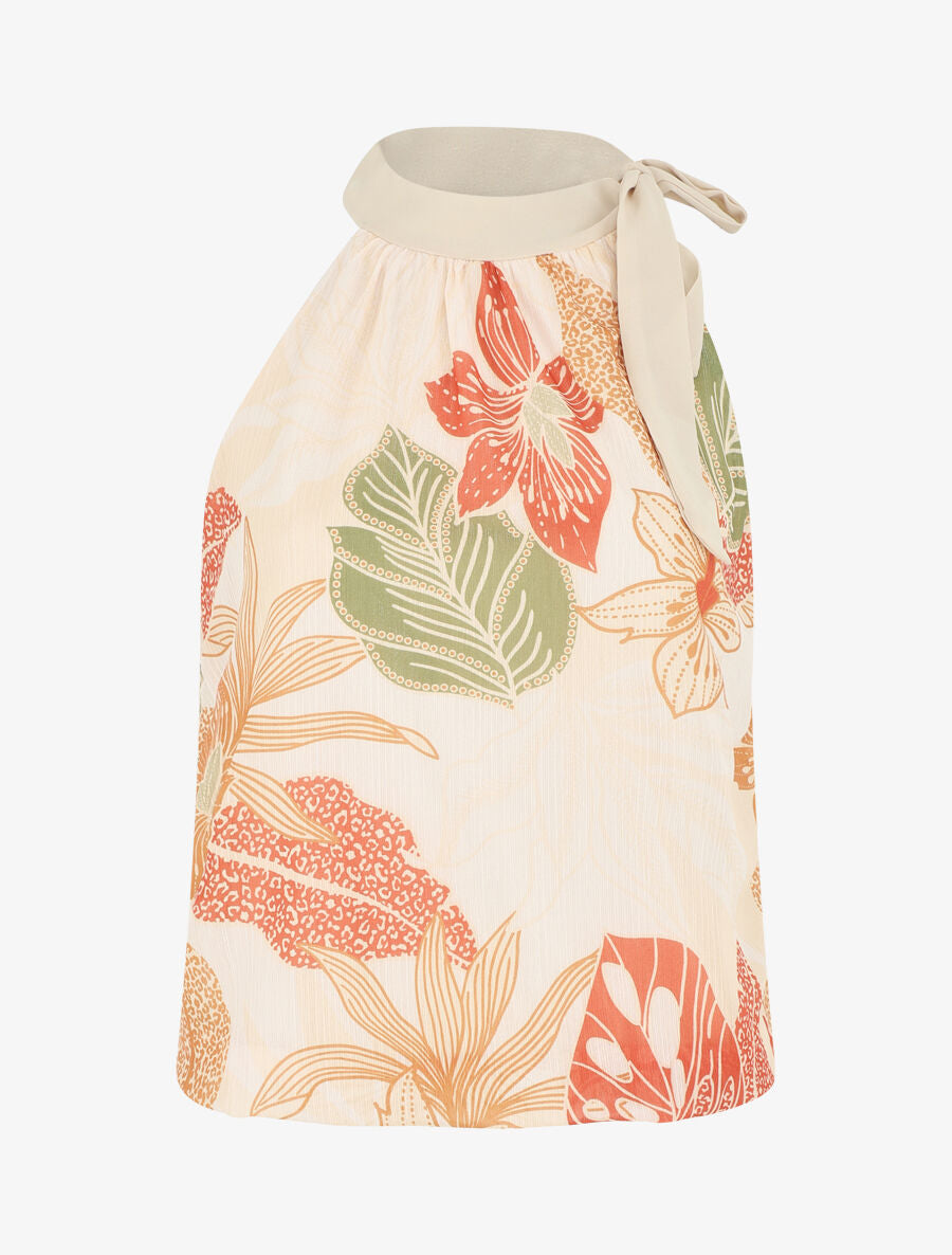 Top fleuri en voile sans manches - Beige - 1