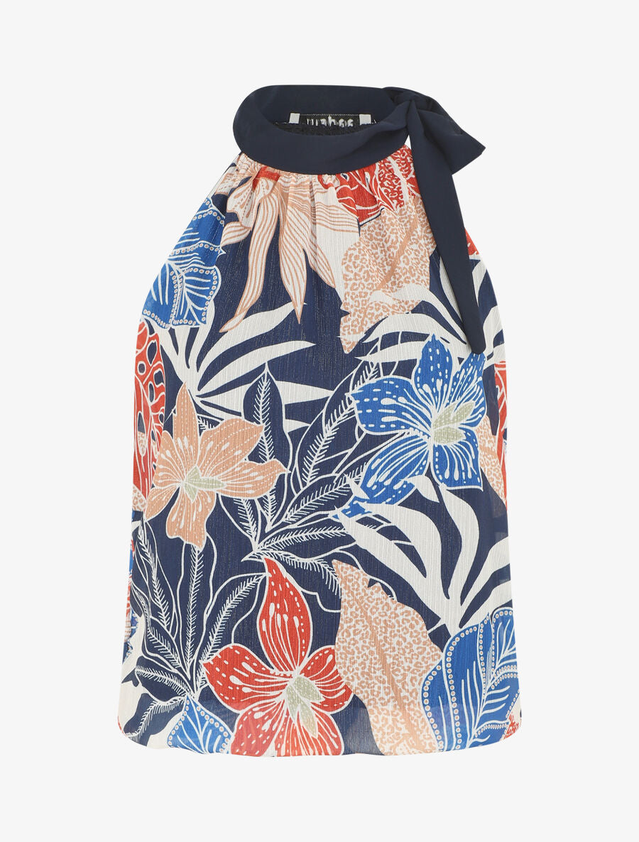Top fleuri en voile sans manches - Marine - 1