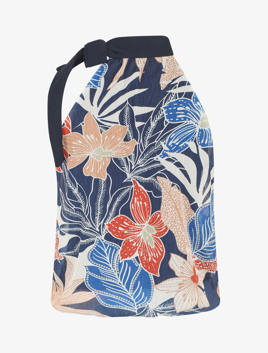 Top fleuri en voile sans manches - Marine - 2