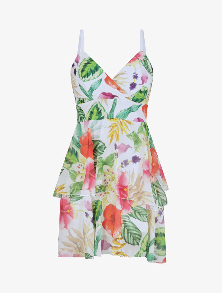 Robe patineuse courte à volants imprimé hibiscus - Blanc - 1