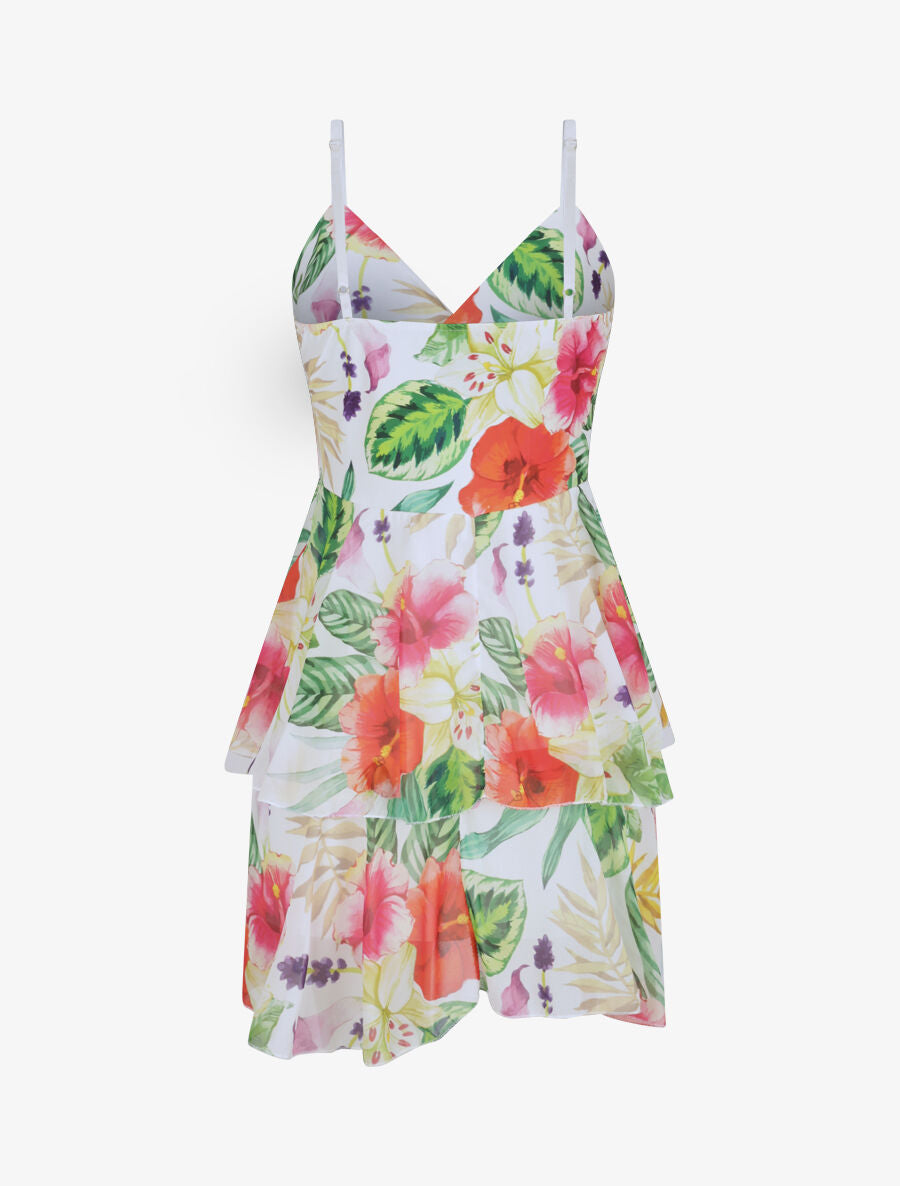 Robe patineuse courte à volants imprimé hibiscus - Blanc - 2