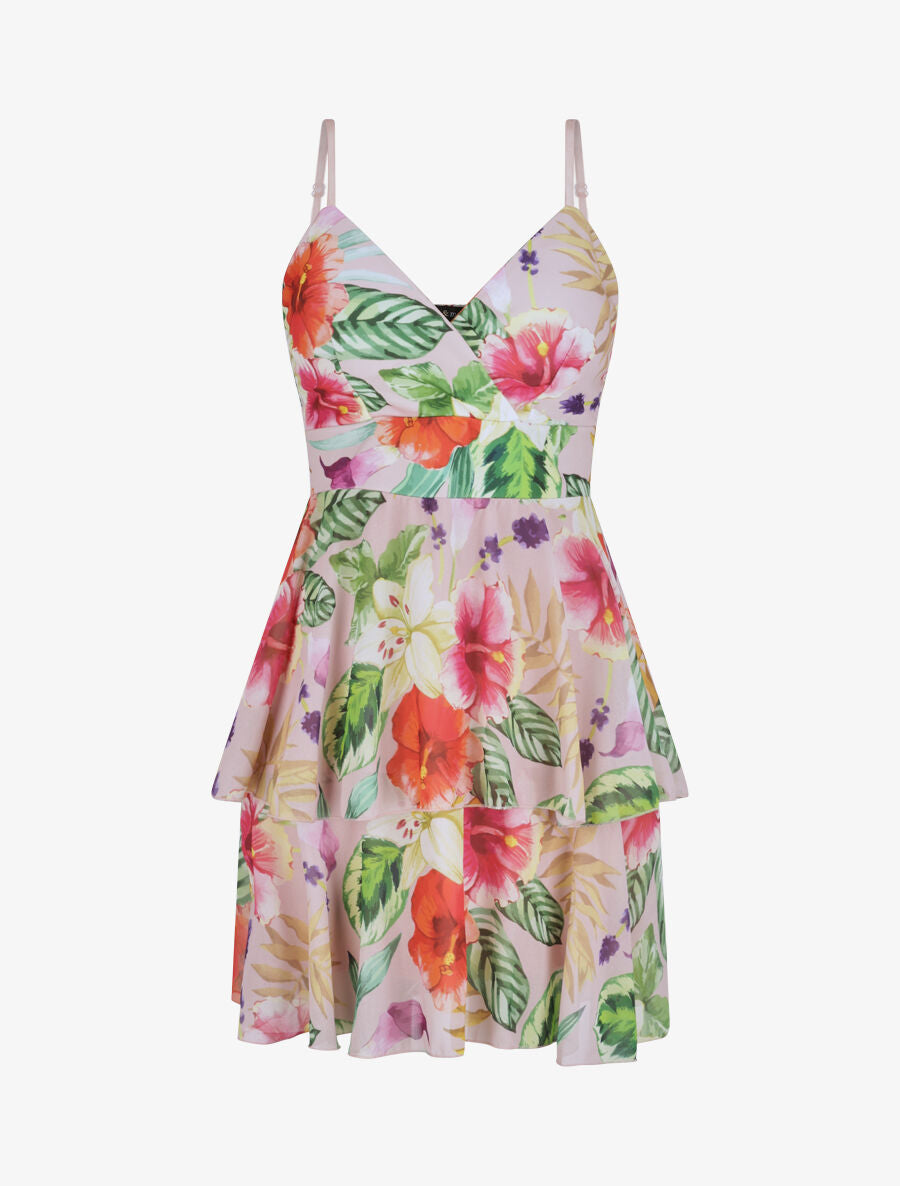 Robe patineuse courte à volants imprimé hibiscus - Rose - 4