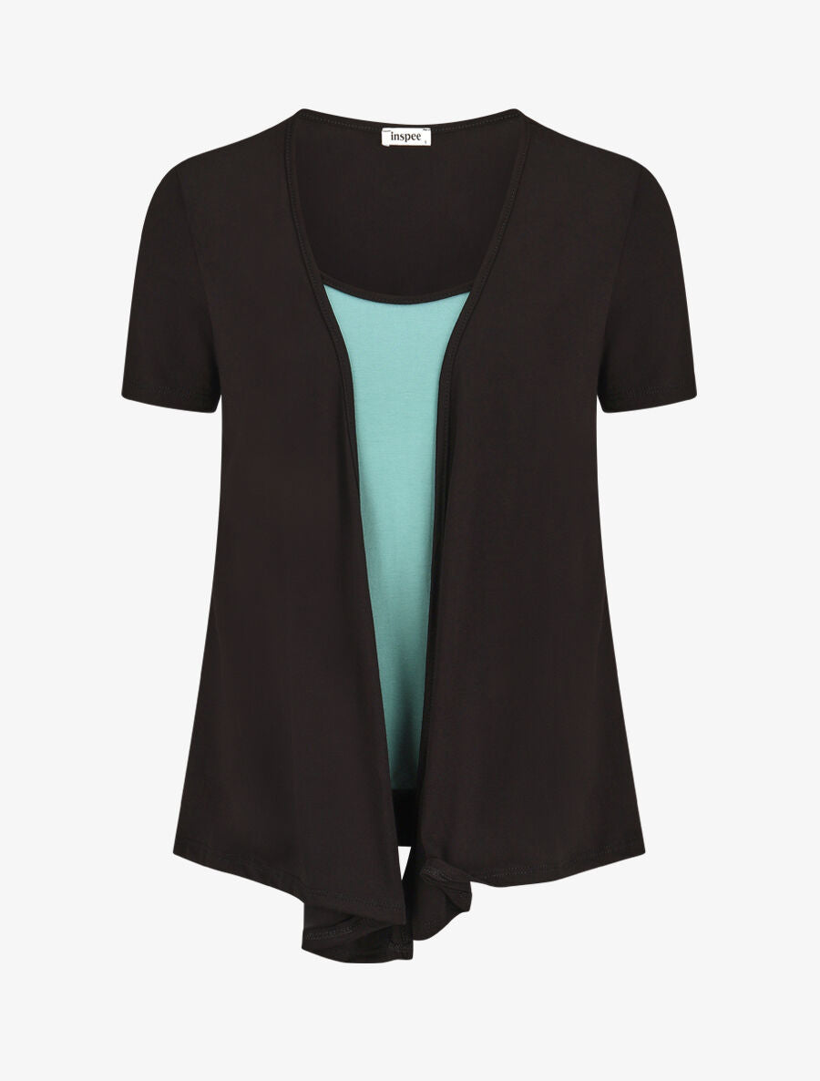 Top manches courtes style gilet ouvert - Noir/turquoise - 1