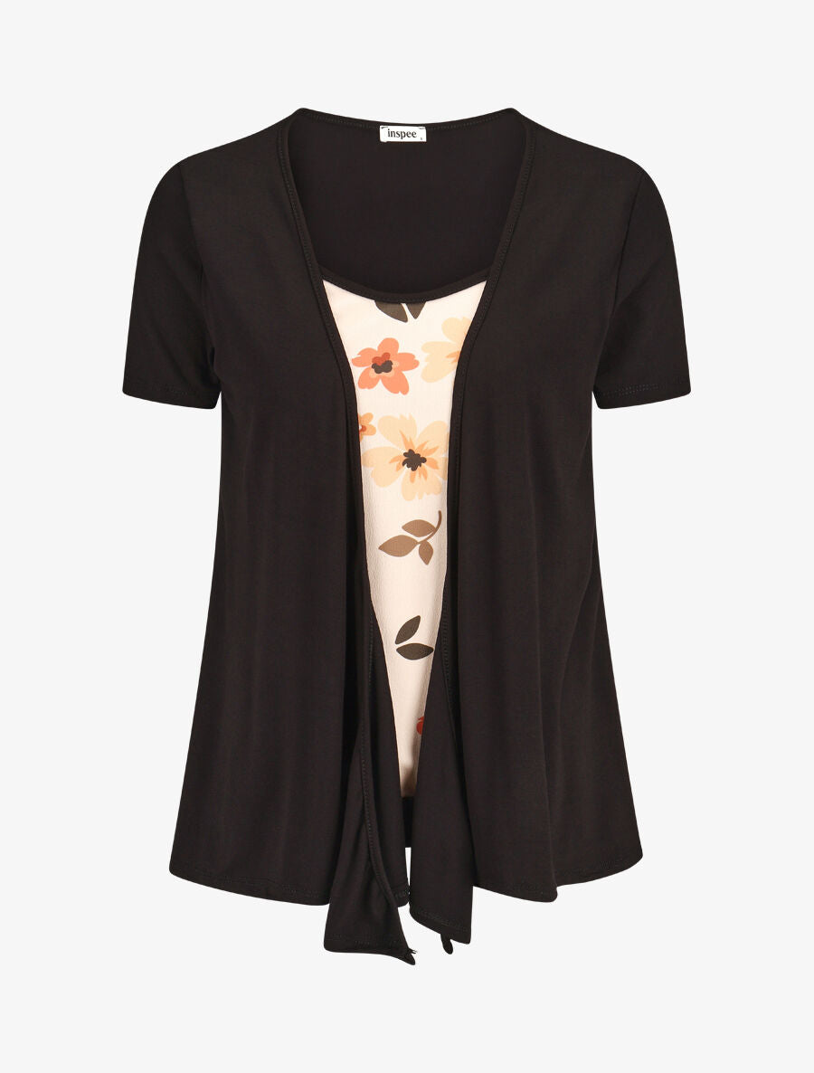 Top manches courtes style gilet ouvert imprimé fleuri - Noir/beige - 1