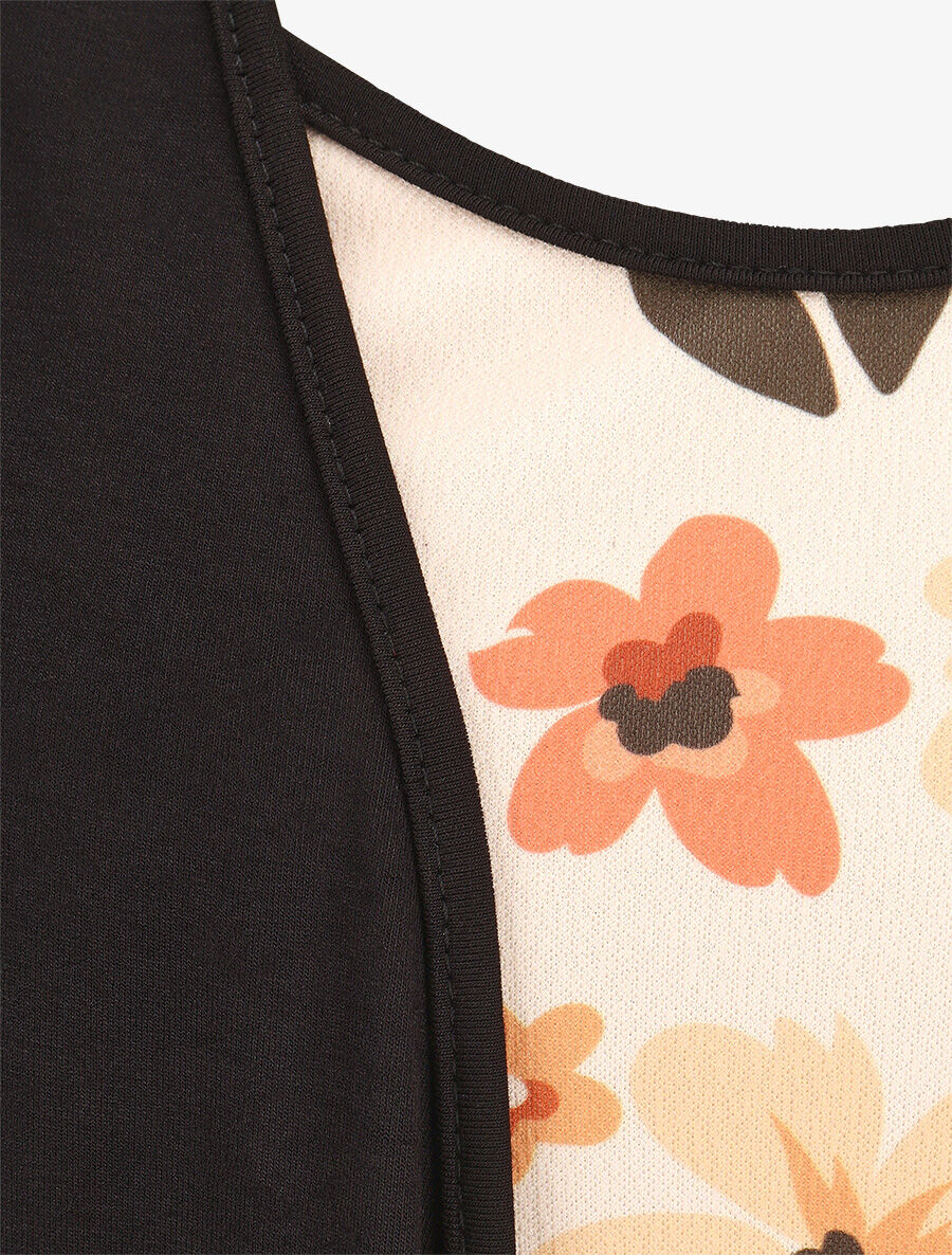 Top manches courtes style gilet ouvert imprimé fleuri - Noir/beige - 3