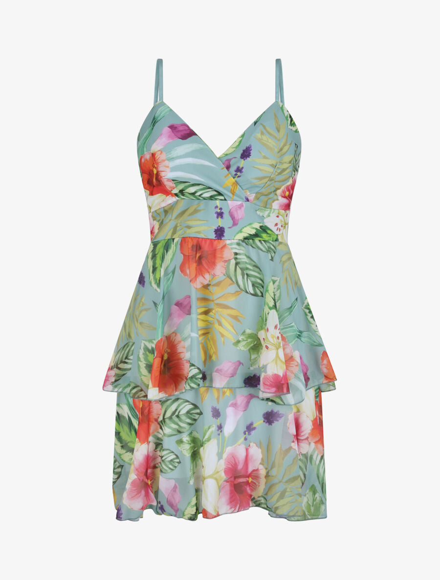 Robe patineuse courte à volants imprimé hibiscus - Vert menthe - 1