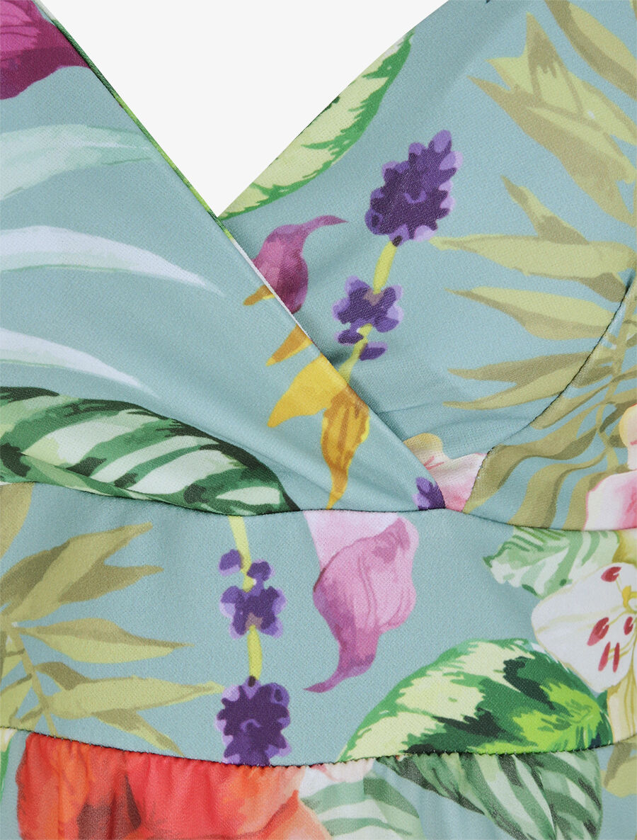 Robe patineuse courte à volants imprimé hibiscus - Vert menthe - 3