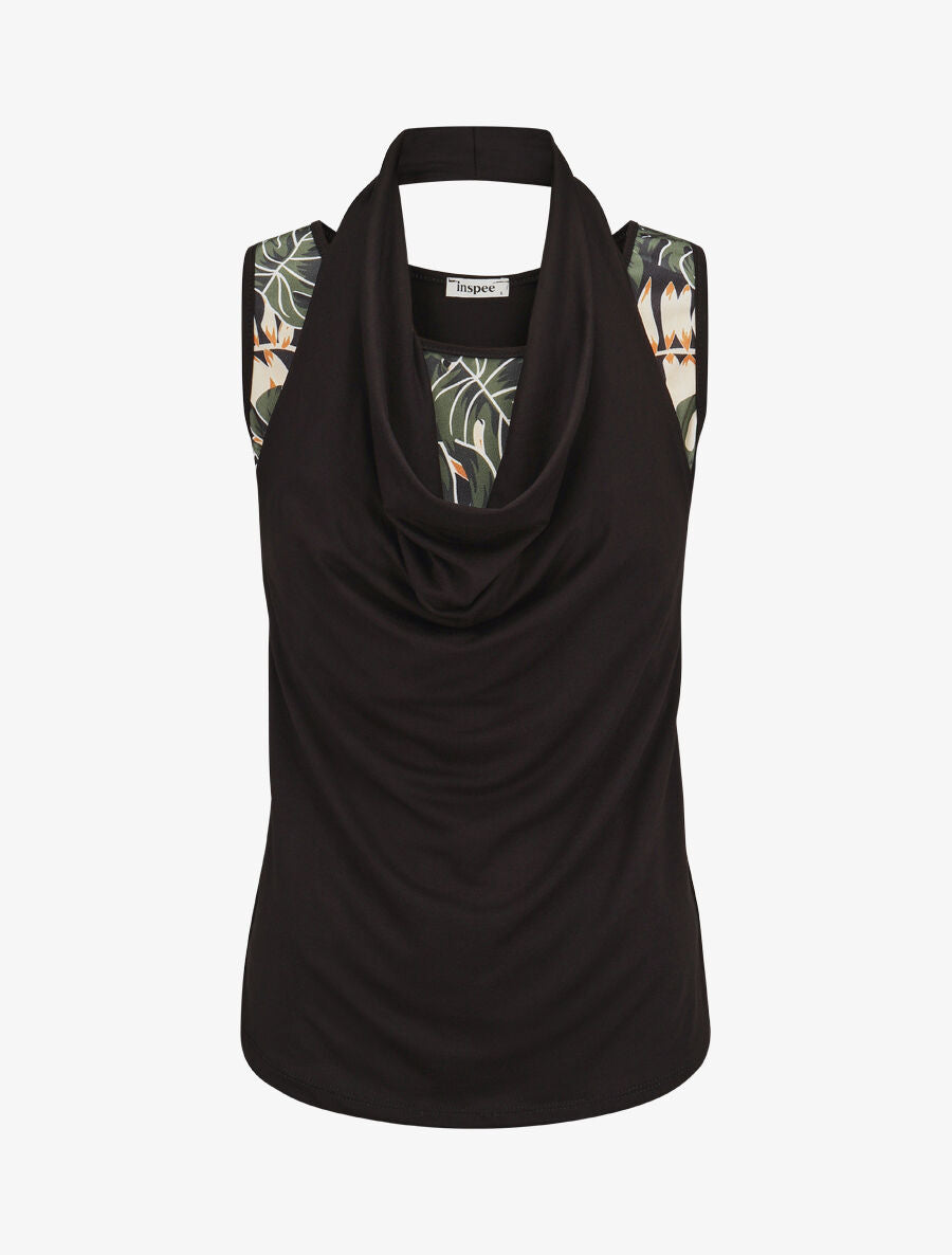 Top ajusté col fantaisie imprimé tropical - Noir - 1