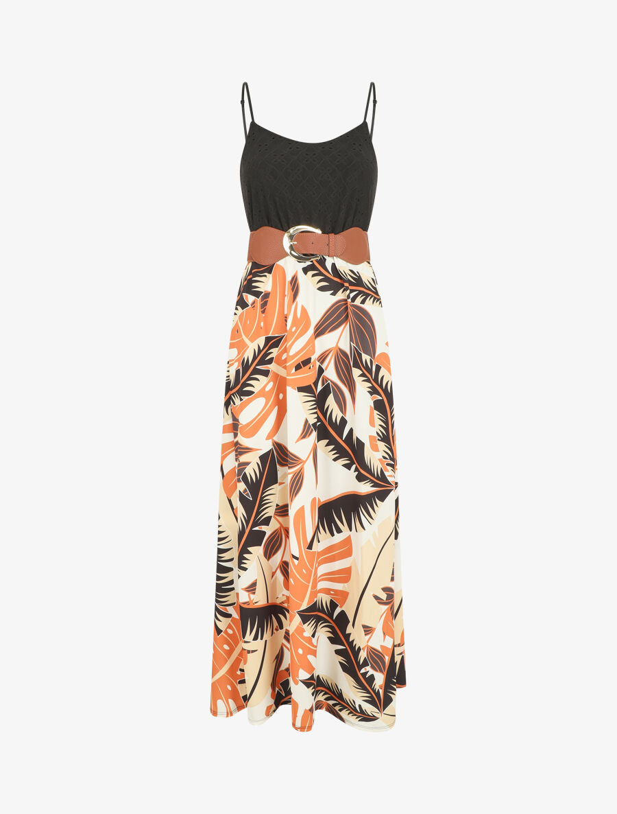 Robe longue bi-matière imprimé tropical - Noir - 1