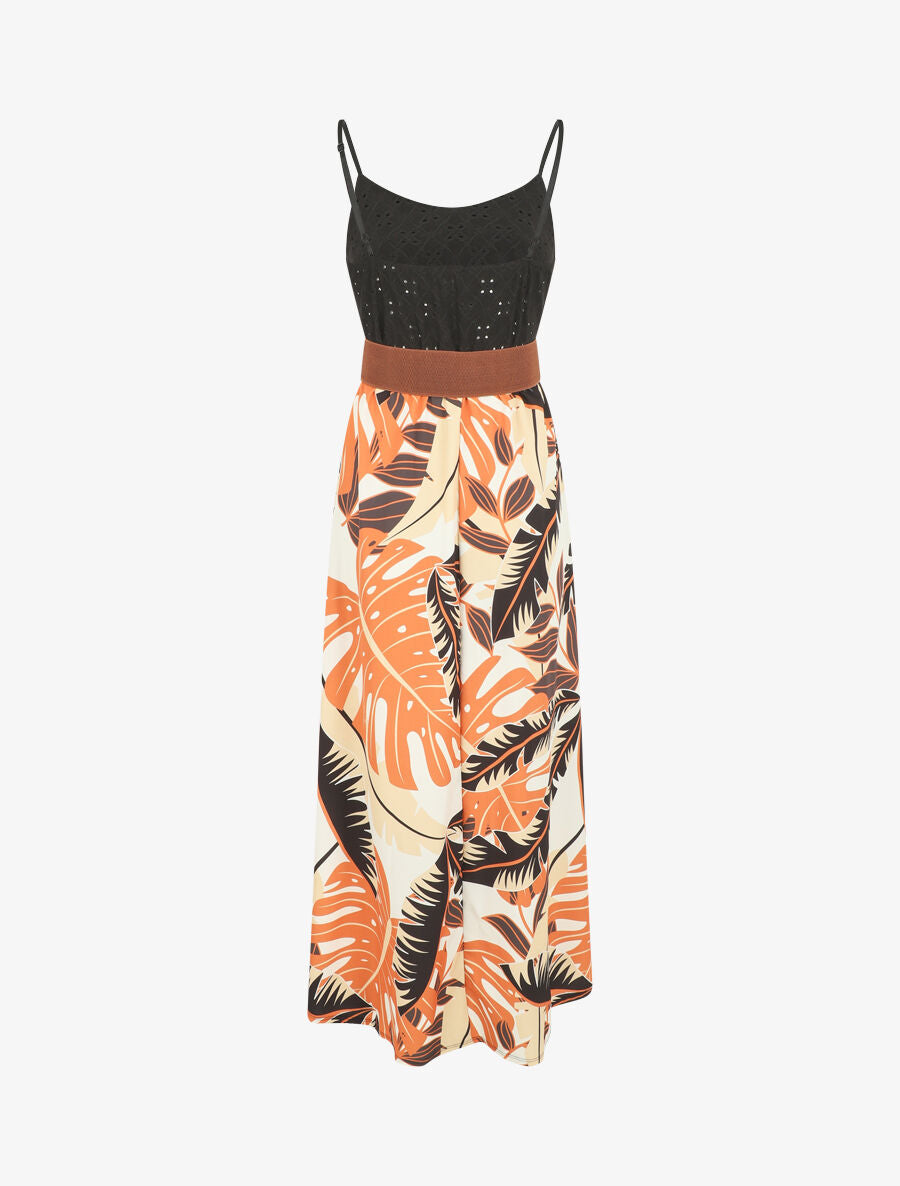 Robe longue bi-matière imprimé tropical - Noir - 2