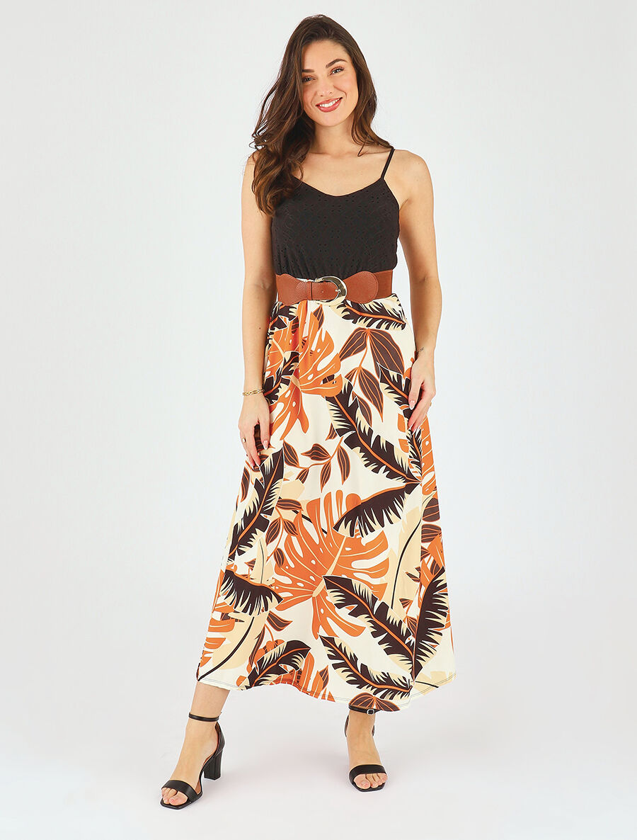 Robe longue bi-matière imprimé tropical - Noir - 4