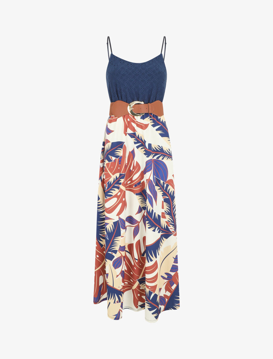 Robe longue bi-matière imprimé tropical - Marine - 1