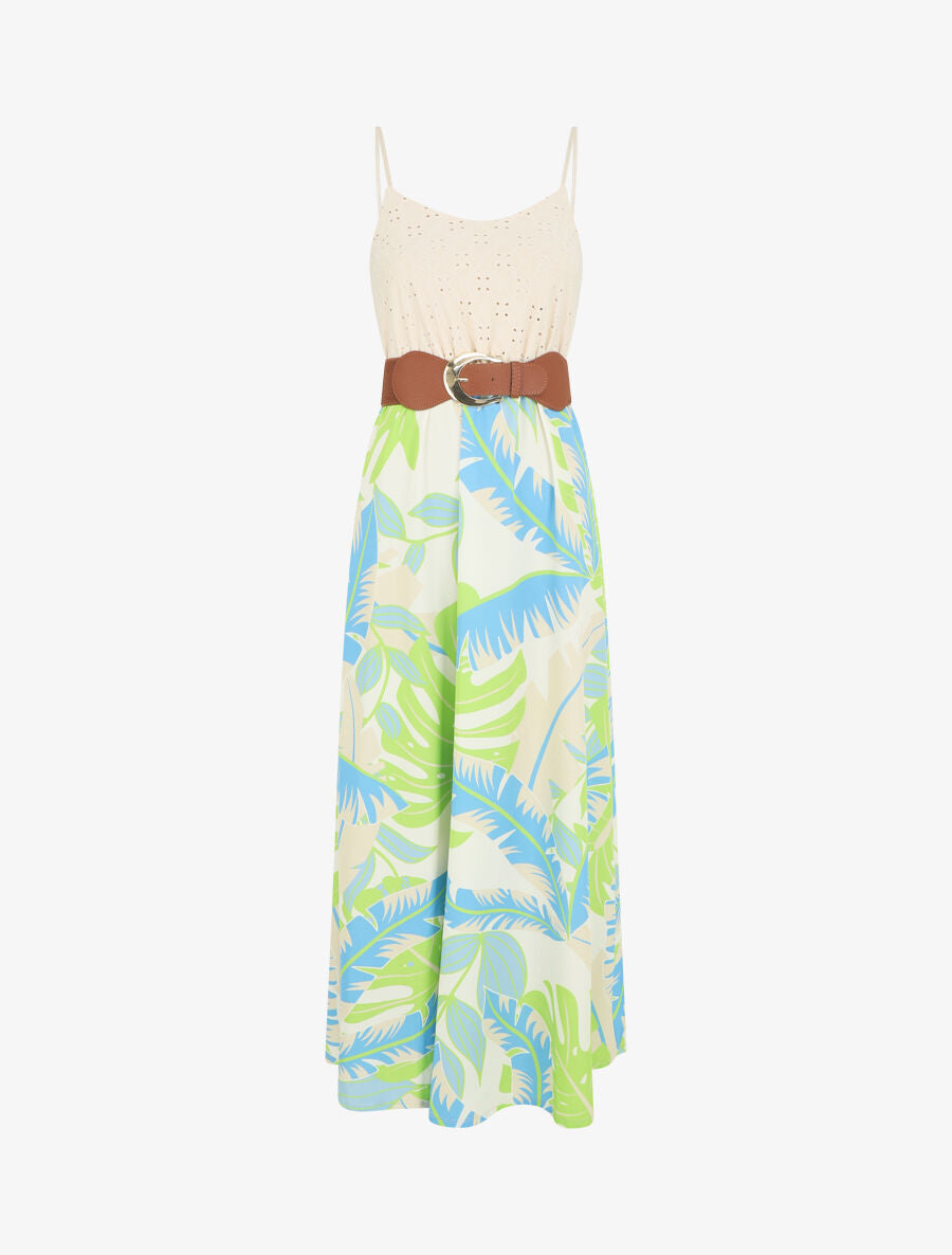 Robe longue bi-matière imprimé tropical - Beige - 1