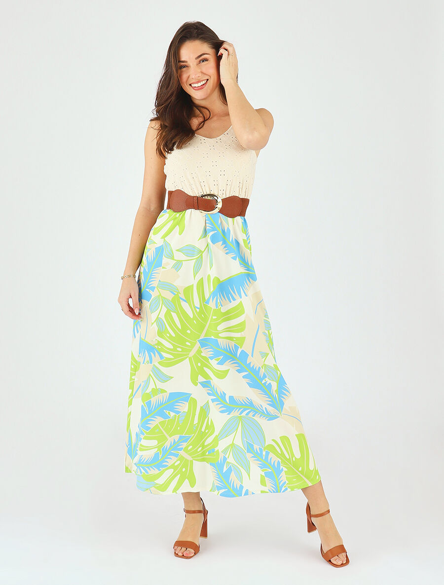 Robe longue bi-matière imprimé tropical - Beige - 4