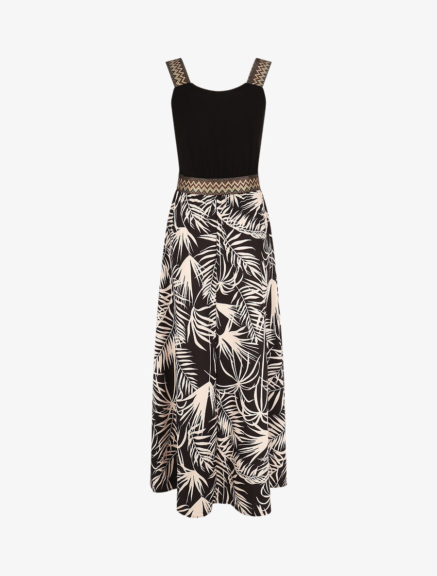 Robe longue à bretelles imprimé plantes tropicales - Noir - 2