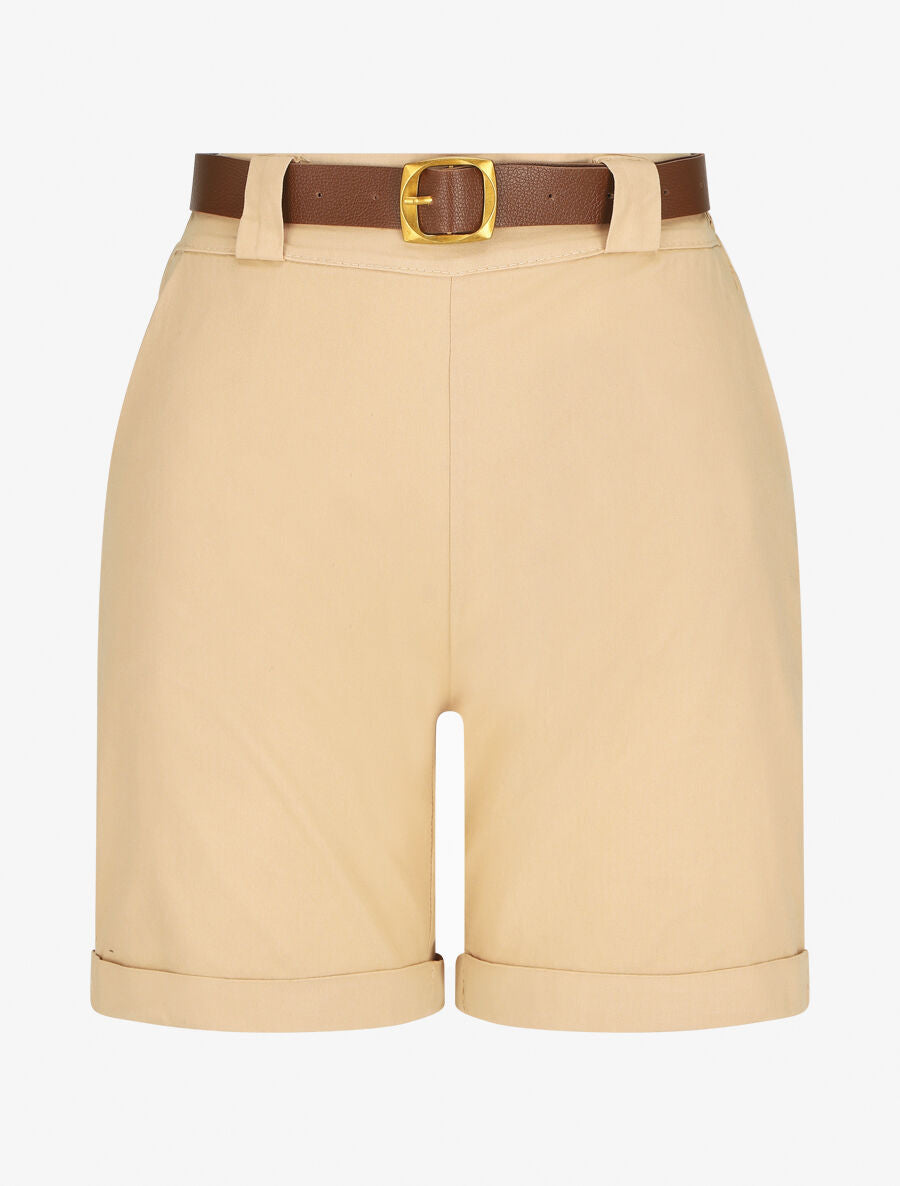 Short droit uni taille standard élastiquée - Beige - 4