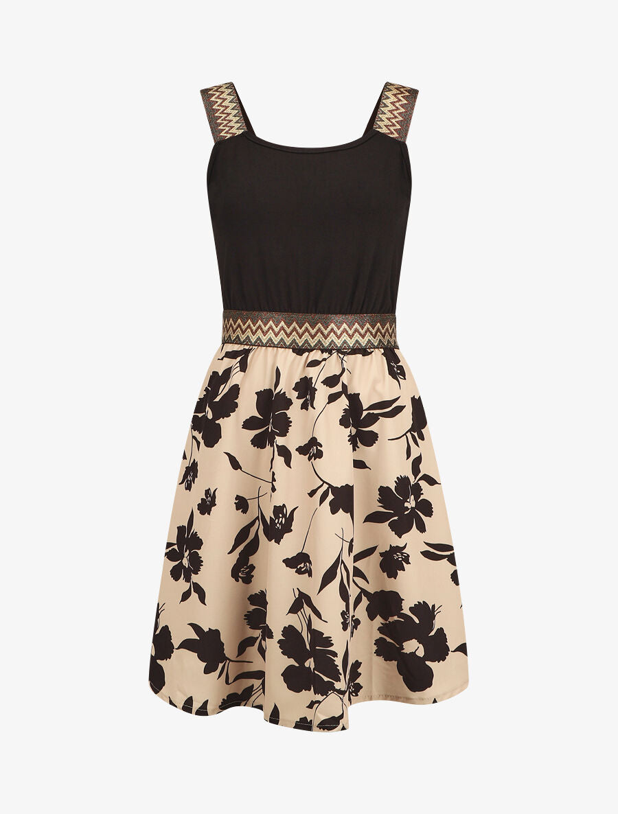 Robe courte fleurie bretelles fantaisies - Beige - 1