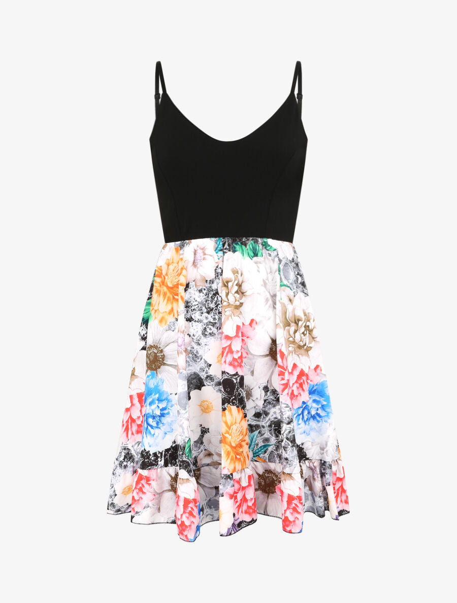 Robe patineuse courte imprimé pivoines - Noir - 4