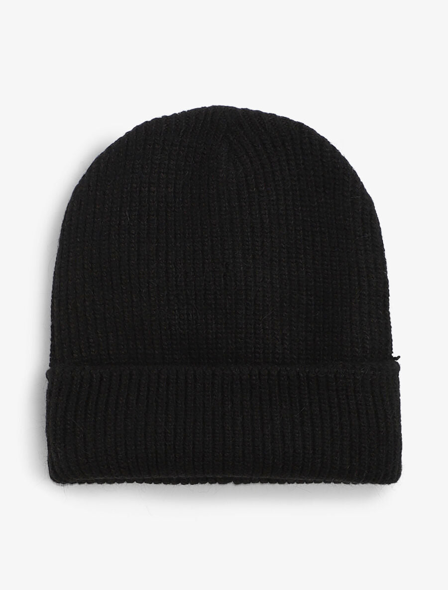 Bonnet uni en maille côtelée - Noir - 1