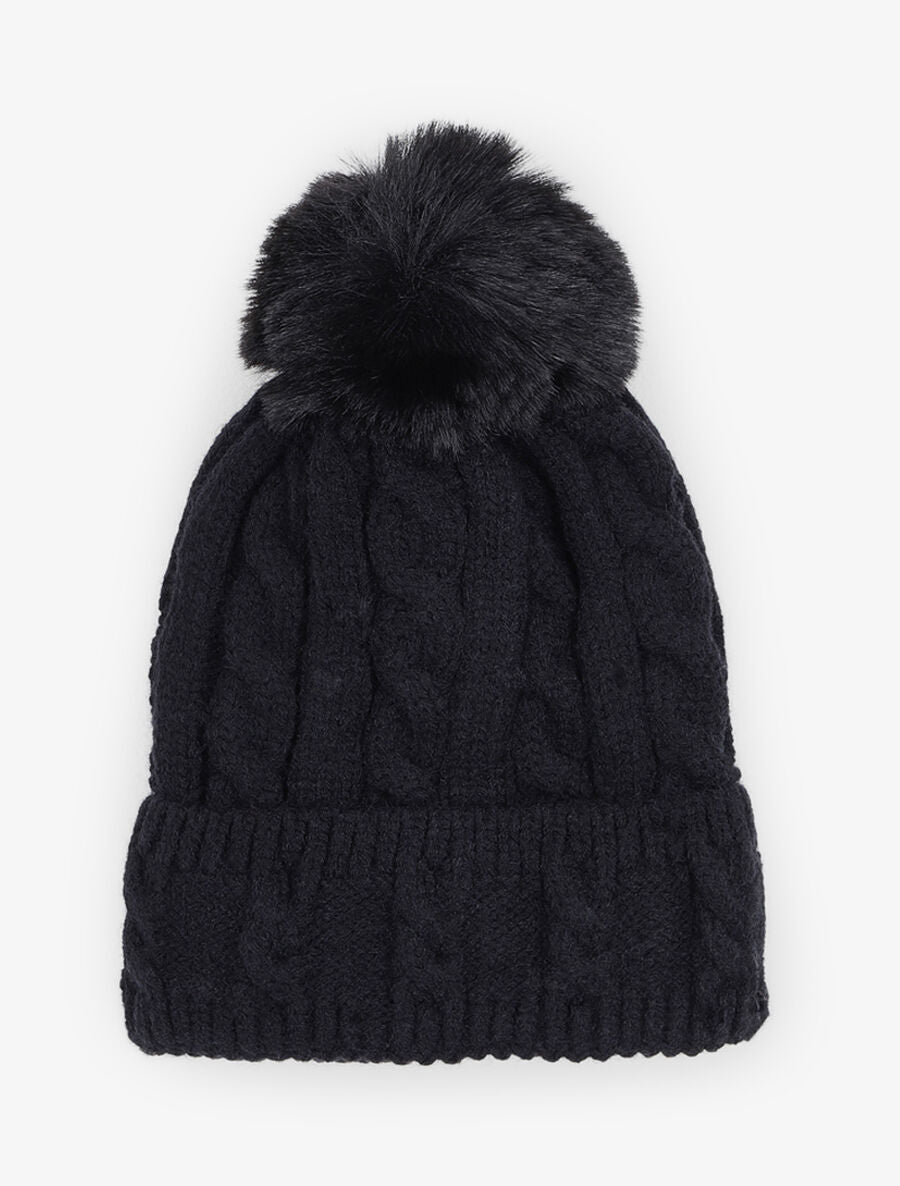 Bonnet en maille tressée à pompon - Noir - 3