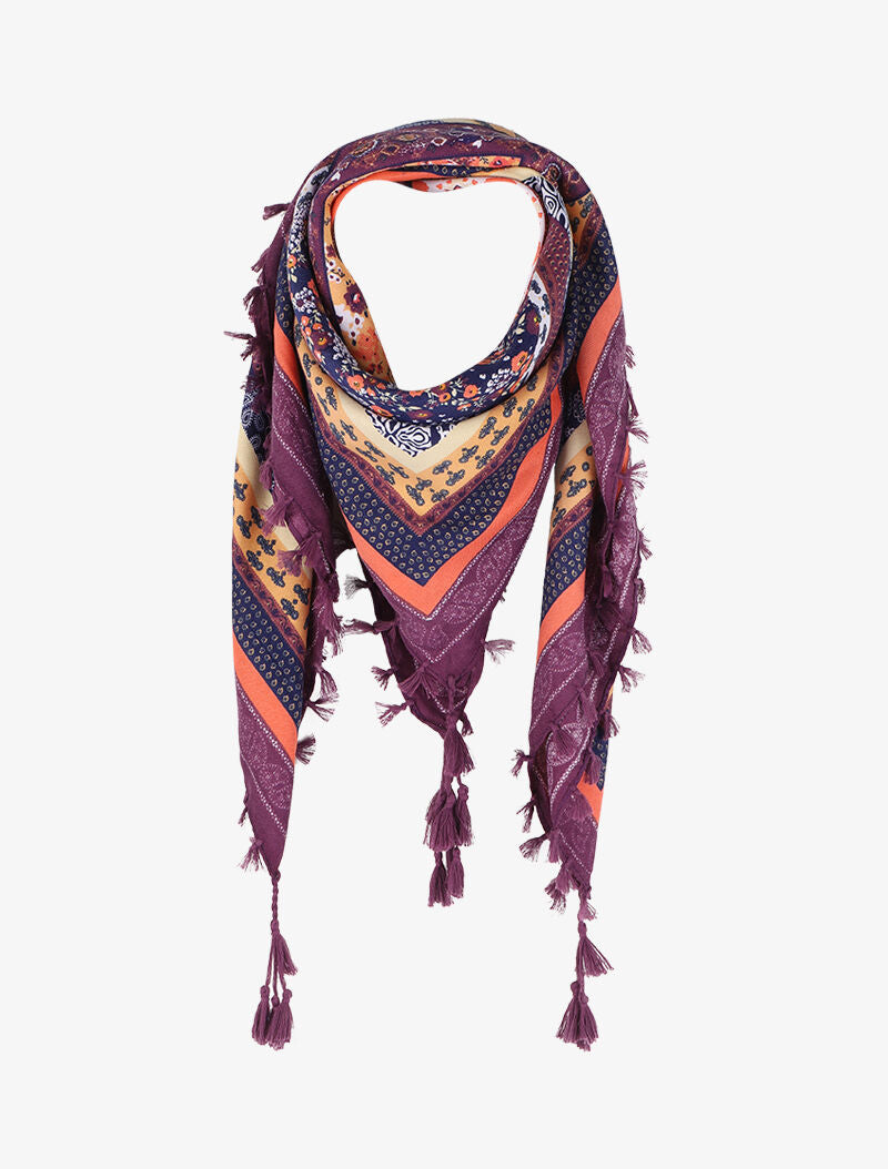 Foulard à imprimé patchwork fleuri et bords à pompons - Violet - 1