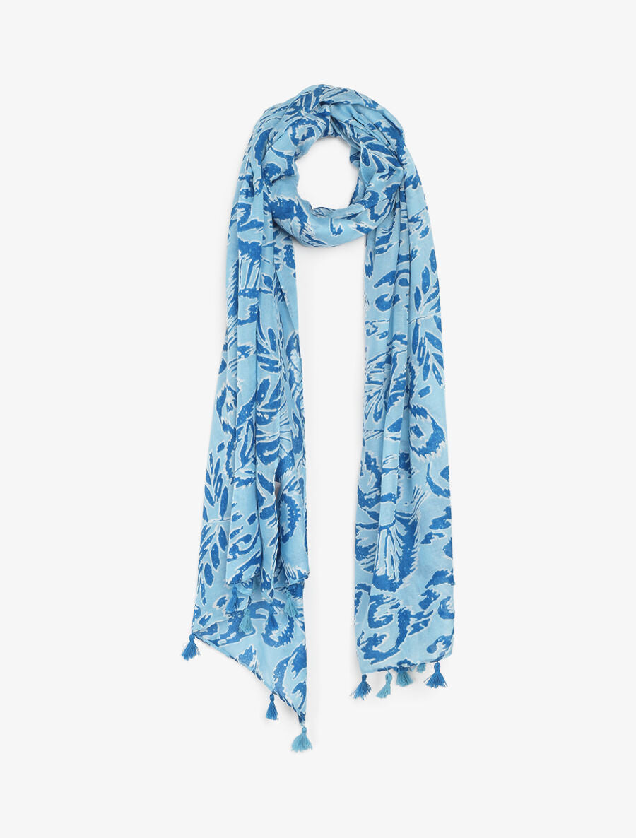 Foulard à pompons imprimé feuilles abstraites - Bleu - 4