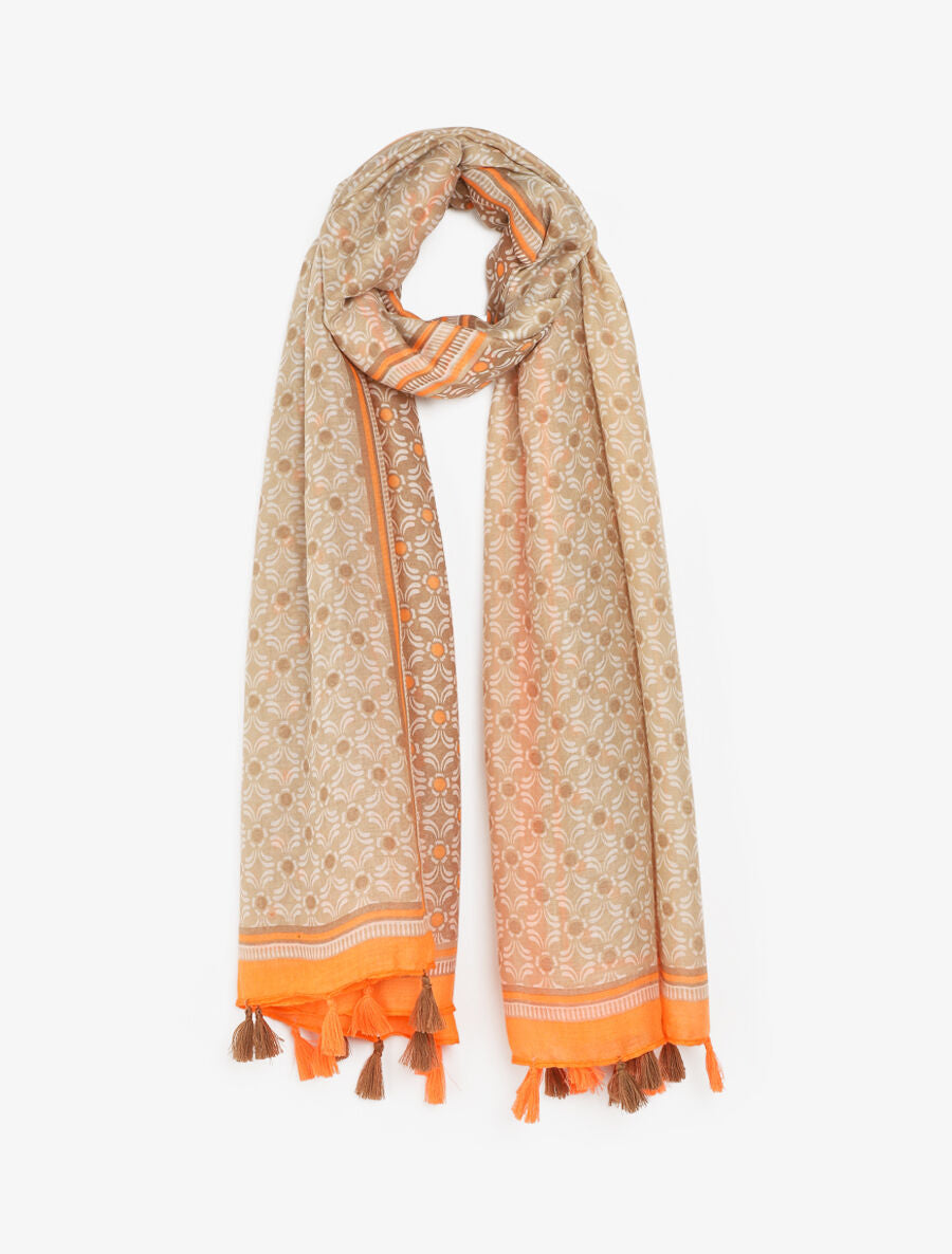 Foulard à pompons imprimé graphique - Beige - 4