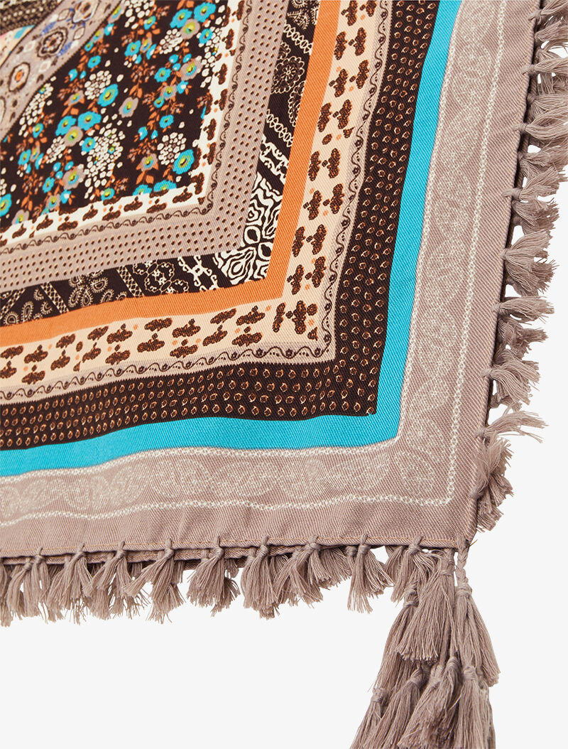 Foulard carré à imprimé patchwork à fleurs et bords à pompons - Taupe - 3