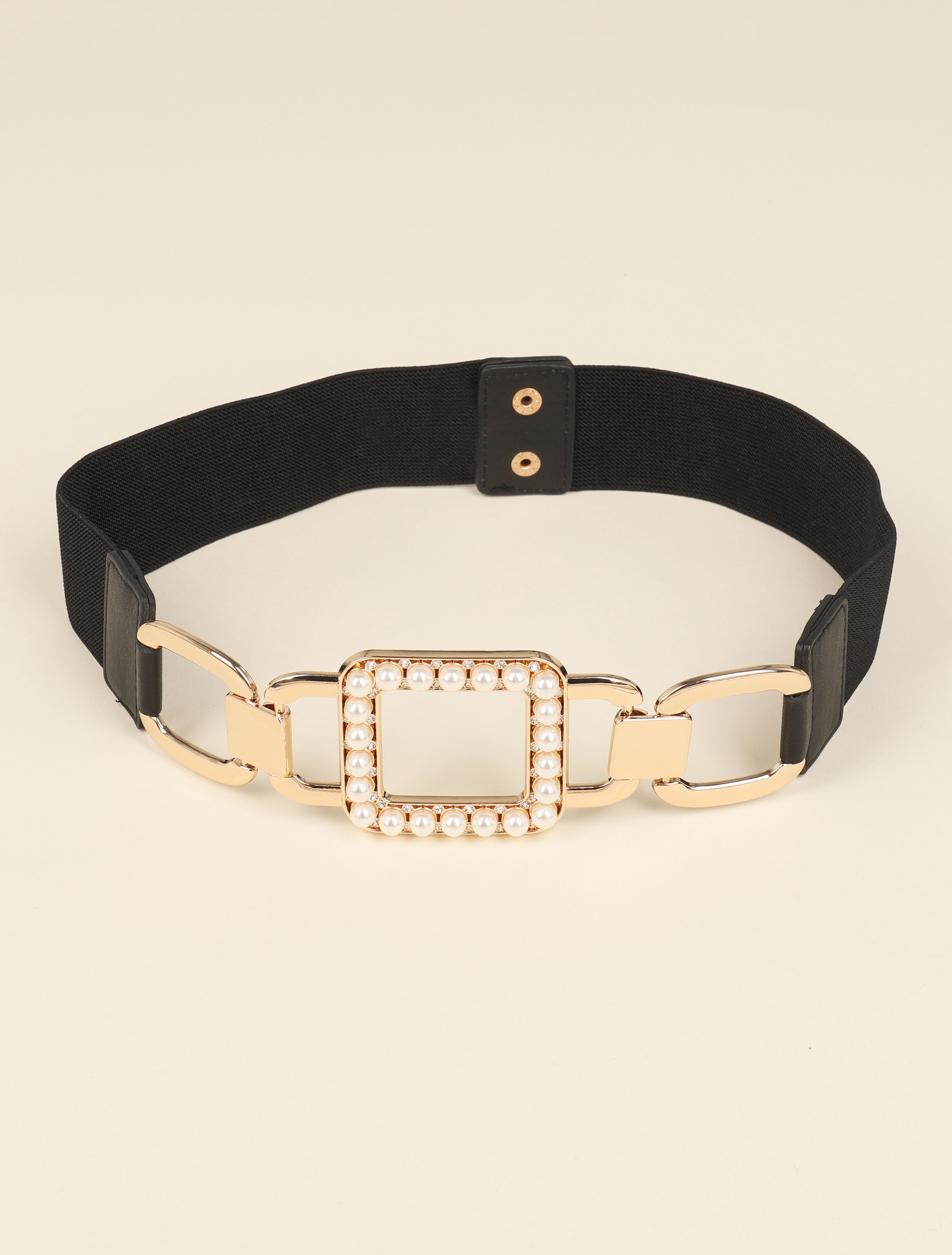 Ceinture élastiquée à boucle carrée ornée de perles et strass - Noir/dorée - 1