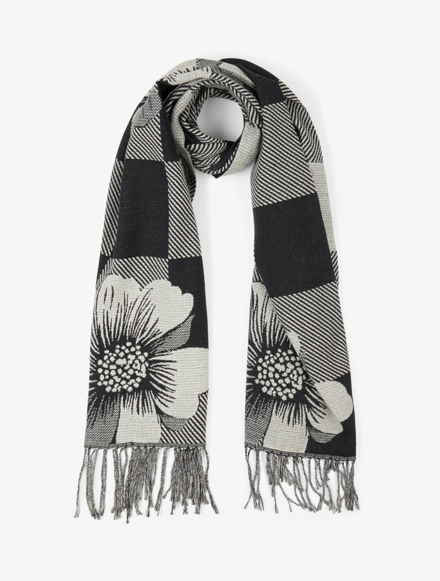 Echarpe à carreaux et fleurs - Noir - 1