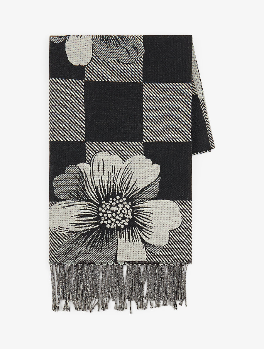 Echarpe à carreaux et fleurs - Noir - 2