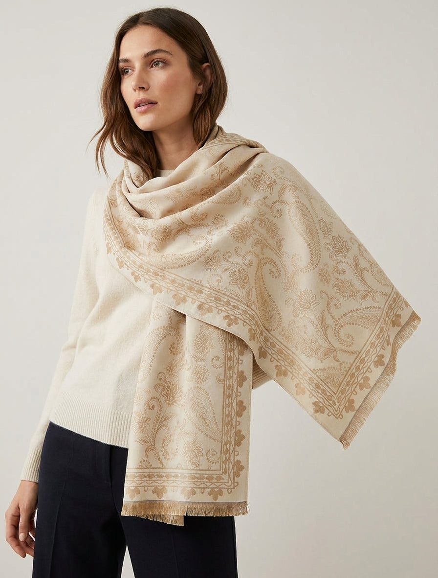 Écharpe à franges imprimé cachemire - Beige